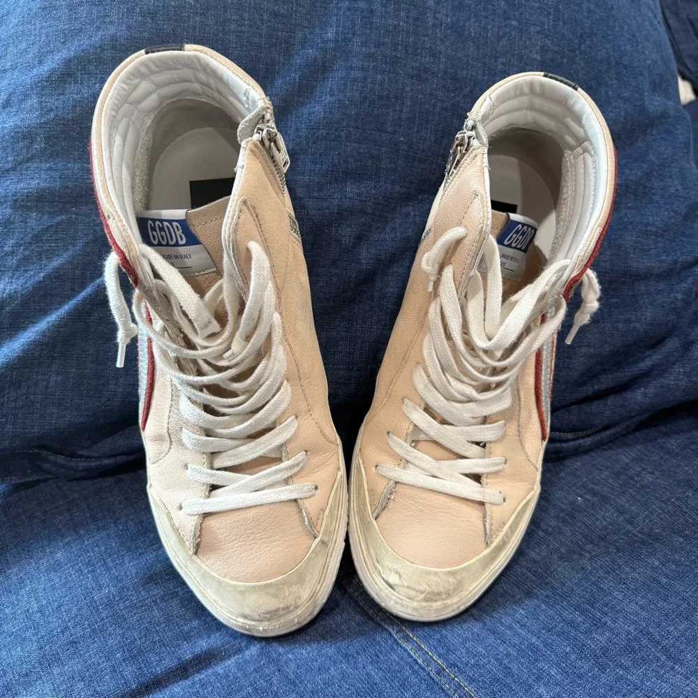 Golden Goose Beige High-Top Sneakers with Red & Silver Accents